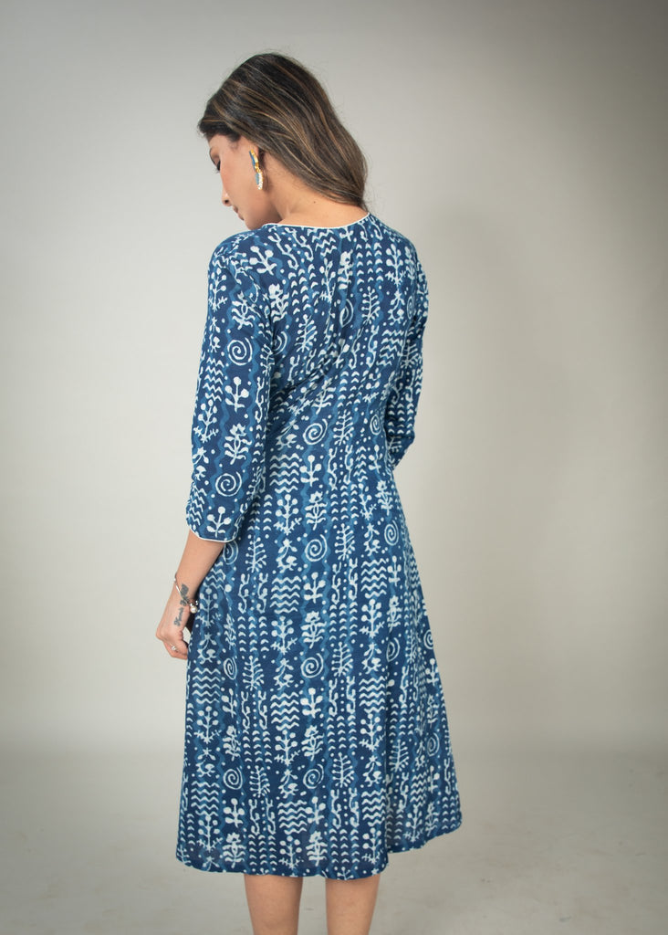 Exclusive Indigo printed overlap dress with side tying