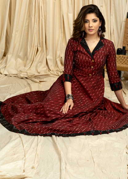 Trendy Occasion wear Maroon Ikat Cotton  Gown