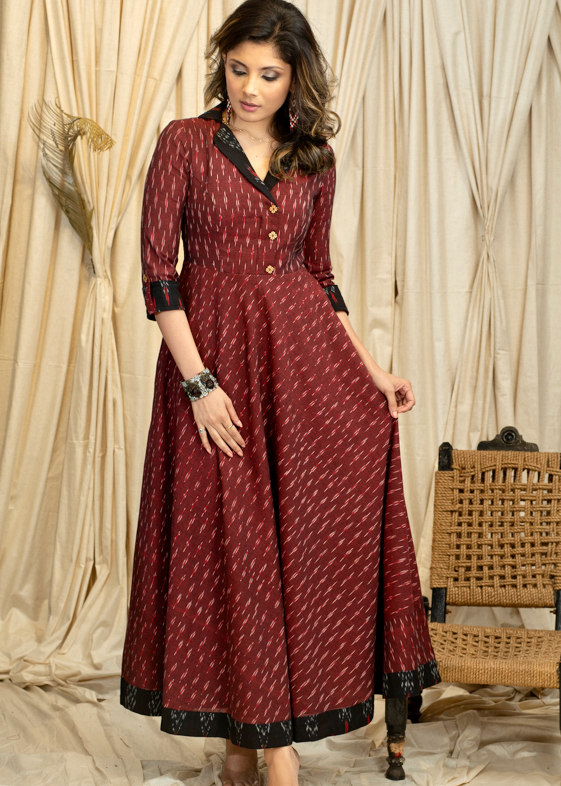 Trendy Occasion wear Maroon Ikat Cotton  Gown