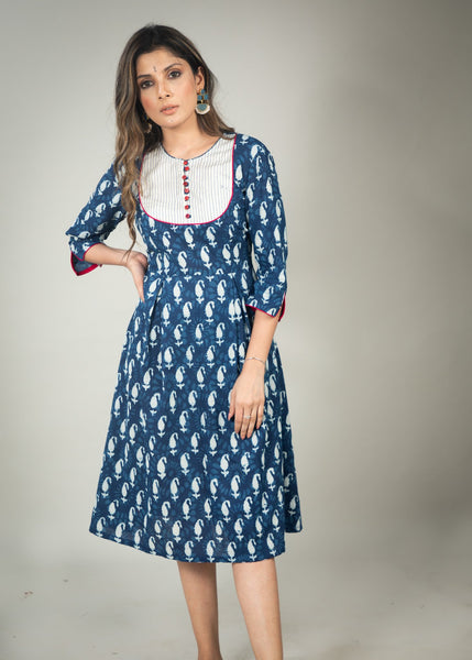 Indigo Paisley print dress with thread  work yoke