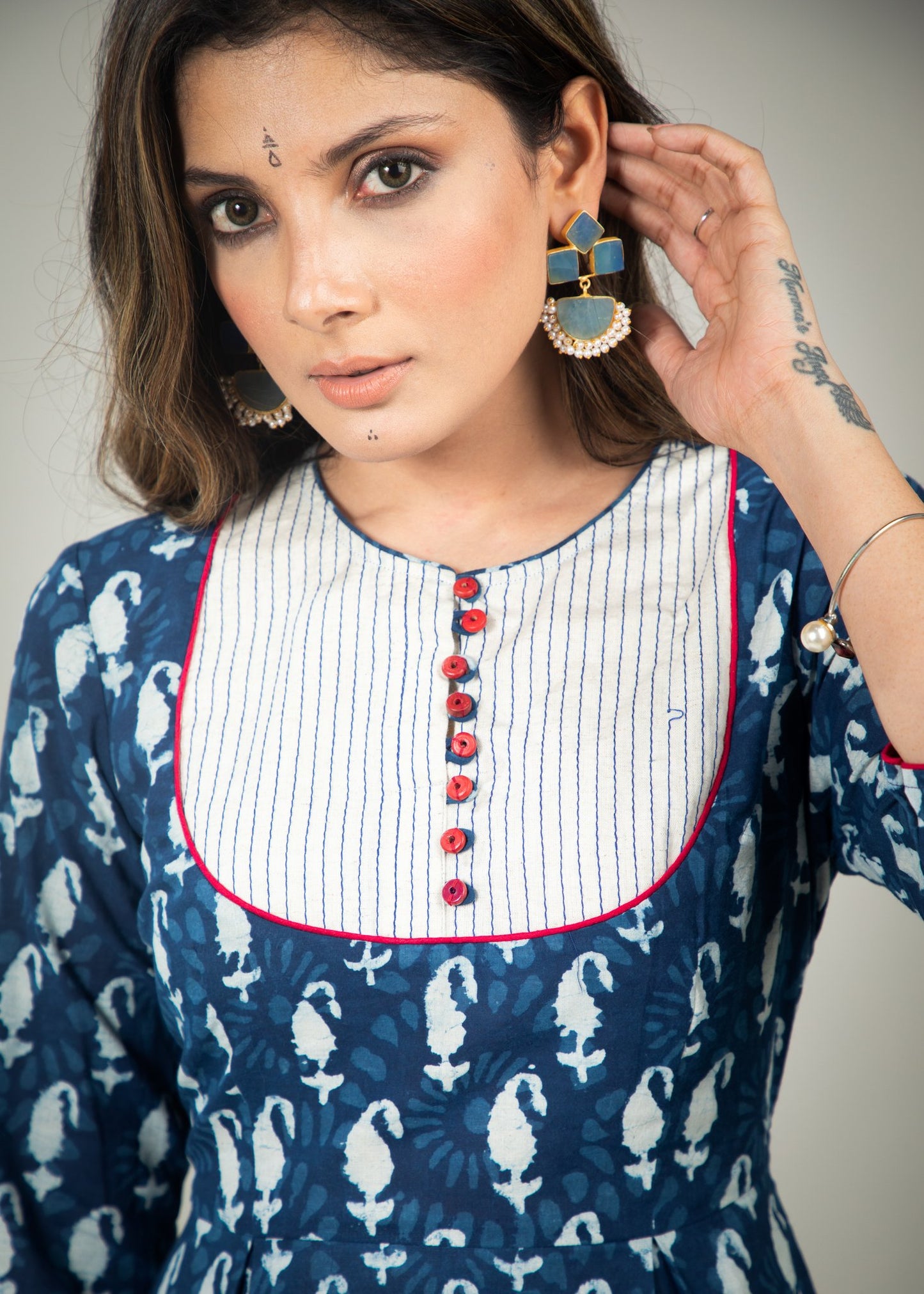 Indigo Paisley print dress with thread  work yoke
