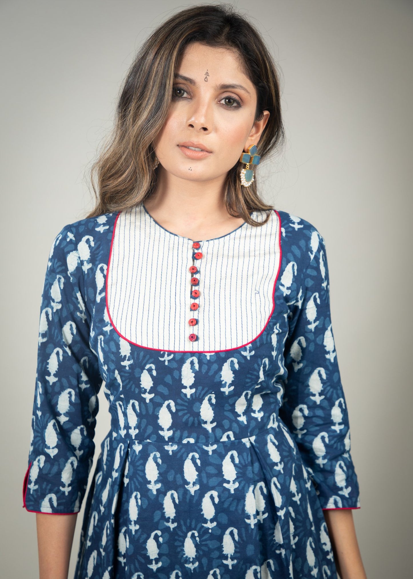 Indigo Paisley print dress with thread  work yoke