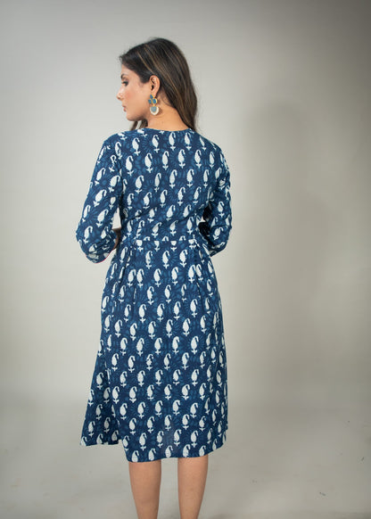 Indigo Paisley print dress with thread  work yoke