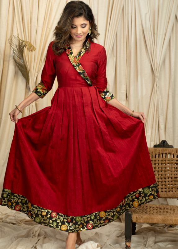 Graceful Maroon Cotton Silk Festive Gown with exclusive Banarasi Detai   Sujatra