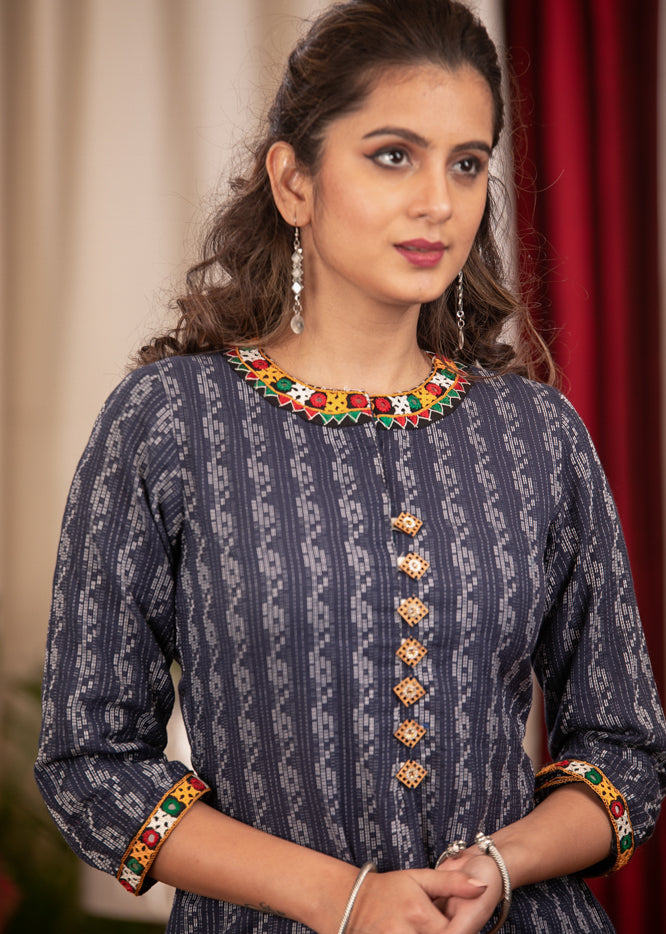 A - Line Blue Cotton Handloom textured  Kurta with Hand made kutch Mirror work on the Neck & Sleeves