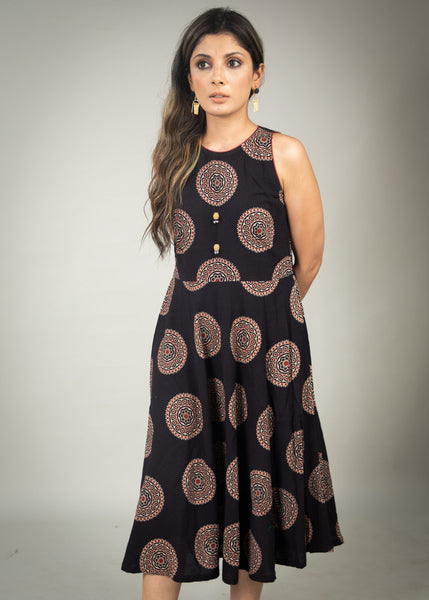 Exclusive black Ajrakh printed dress with in cut sleeves