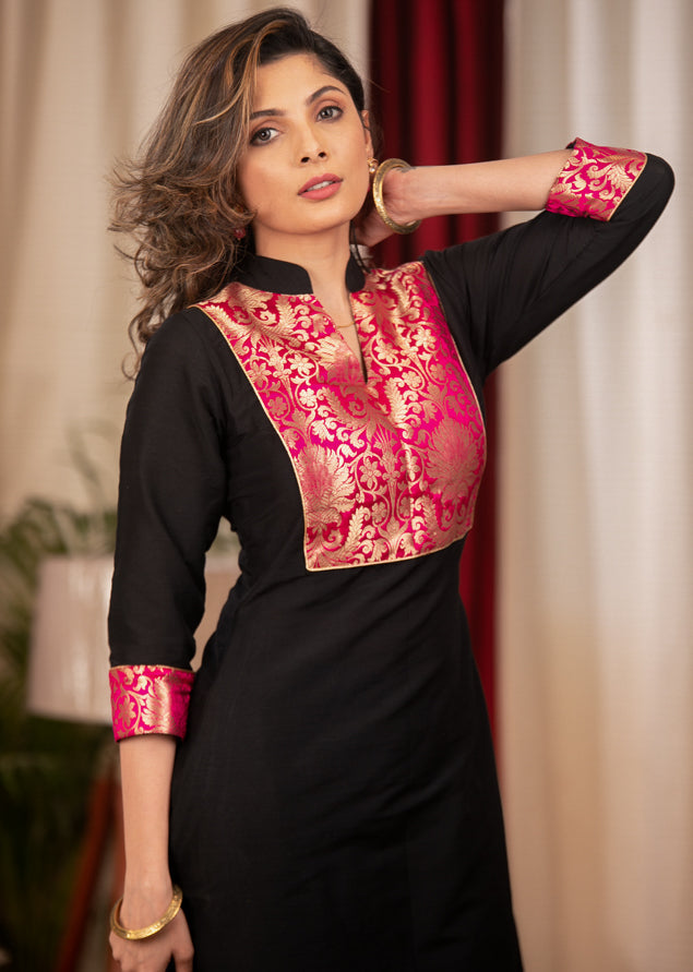 A Line Cotton silk Banarasi Yoke Kurta