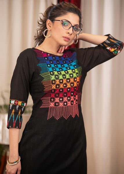 Straight Cut Black Cotton Handloom Kurta with Bright and Soothing Hand Mirror embroidery