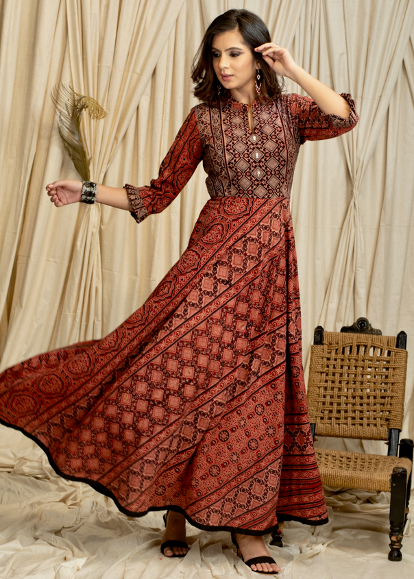 Trendy Occasion wear Gown in  Combination  Cotton Ajrakh Fabric