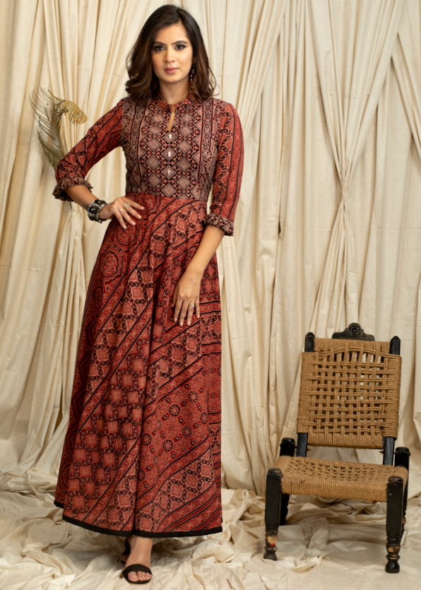 Trendy Occasion wear Gown in  Combination  Cotton Ajrakh Fabric