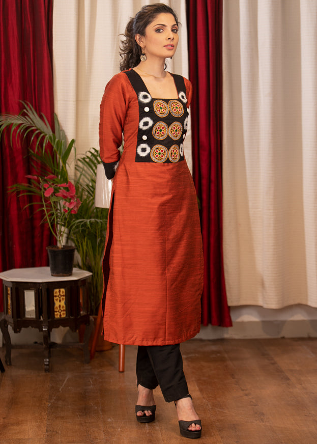 Straight Cut Rust Cotton Silk Kurta with Beautiful Ikat and hand made Kutch mirror embroidery