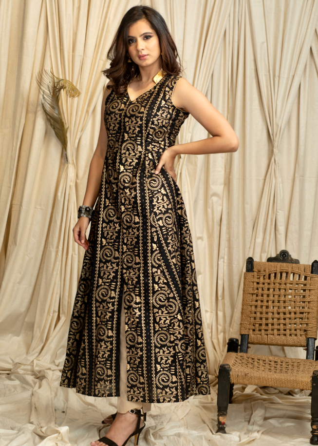 Stylish Gold Foil Printed Fine Cotton A Line Kurta with Center Slit