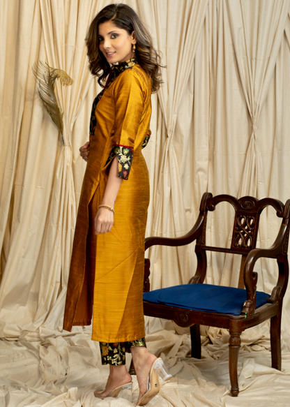 Straight Cut Mustard Cotton Silk Banarasi Yoke Kurta - Pant & Dupatta Optional