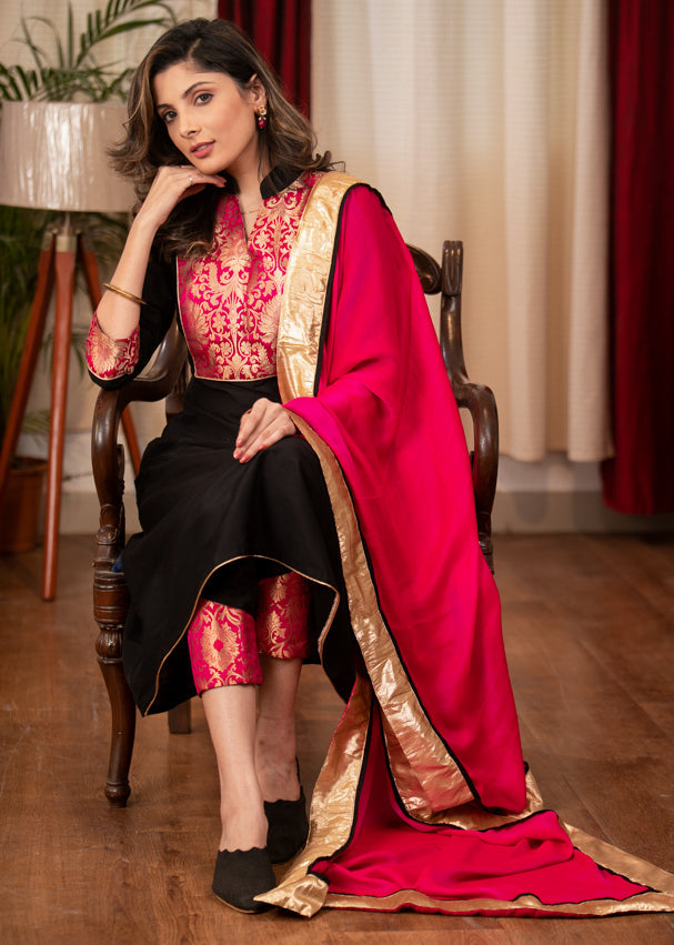 A Line Cotton silk Banarasi Yoke Kurta
