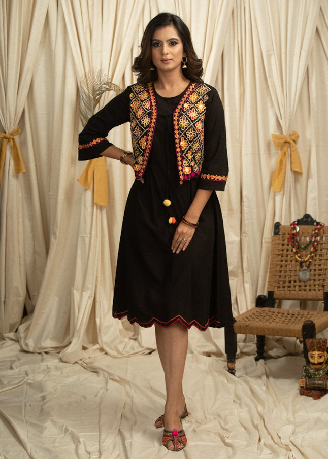 Exclusive black cotton dress with hand embroidered stitched jacket – Sujatra