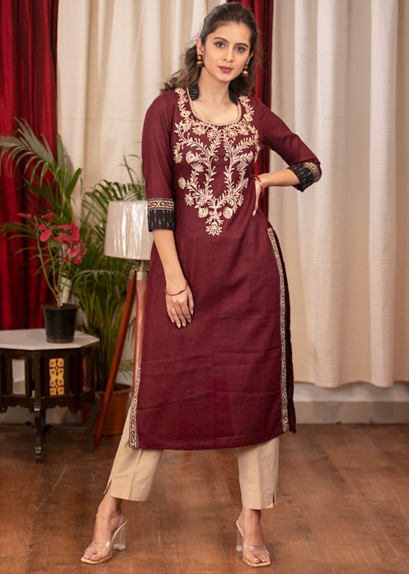 Straight Cut Wine Colour Cotton Handloom Kurta with Gracefully Embroidered Front