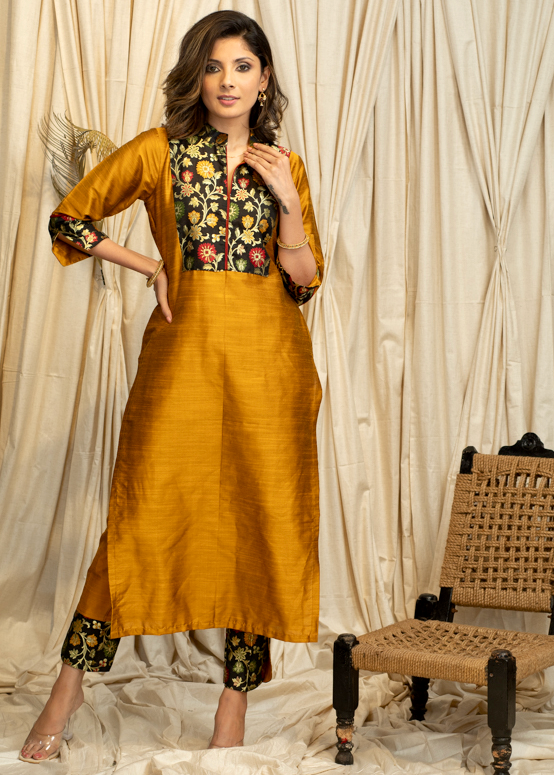 Straight Cut Mustard Cotton Silk Banarasi Yoke Kurta - Pant & Dupatta Optional