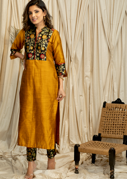 Straight Cut Mustard Cotton Silk Banarasi Yoke Kurta - Pant & Dupatta Optional