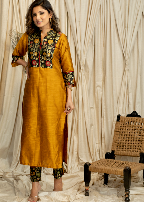 Straight Cut  Mustard  Cotton Silk  Banarasi Yoke Kurta, Banarasi Border Pant and Chanderi Dupatta - 3 piece set