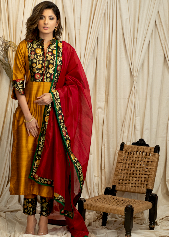 Straight Cut  Mustard  Cotton Silk  Banarasi Yoke Kurta, Banarasi Border Pant and Chanderi Dupatta - 3 piece set