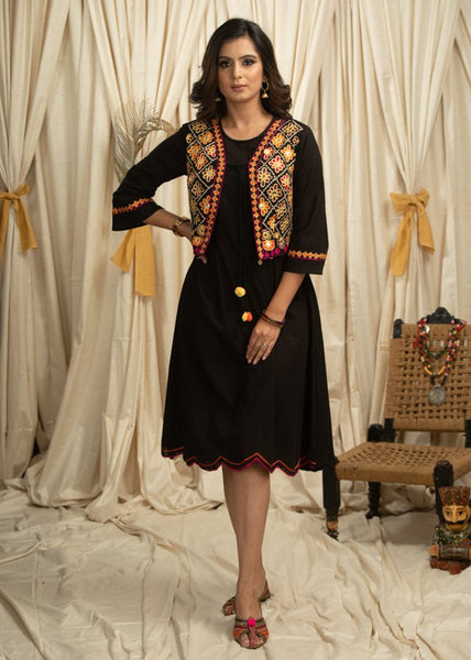 Exclusive black cotton dress with hand embroidered stitched jacket