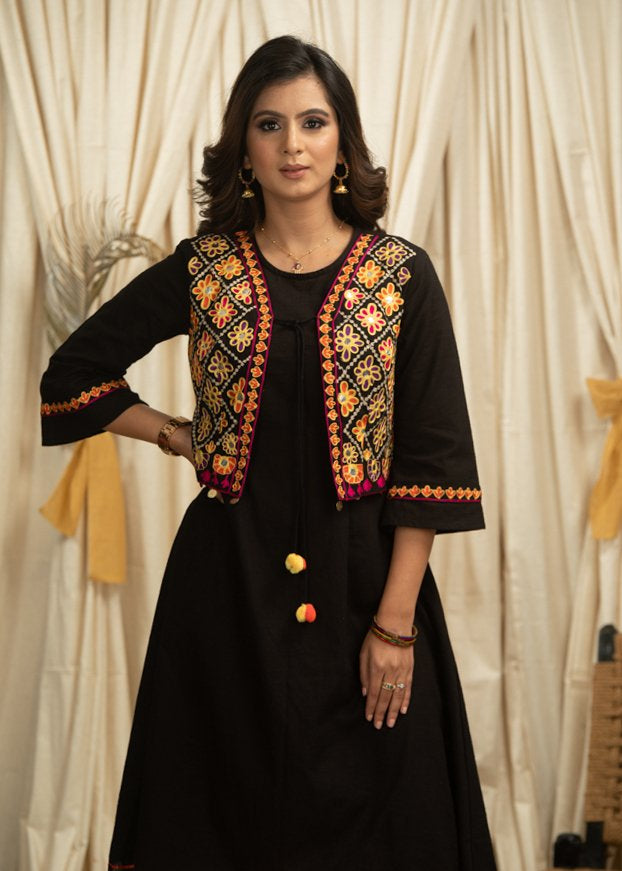 Exclusive black cotton dress with hand embroidered stitched jacket