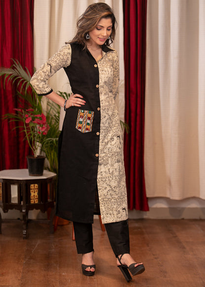 Straight Cut Smart Madhubani Printed Cotton Black Dress with Handmade Kutch Mirror Pocket