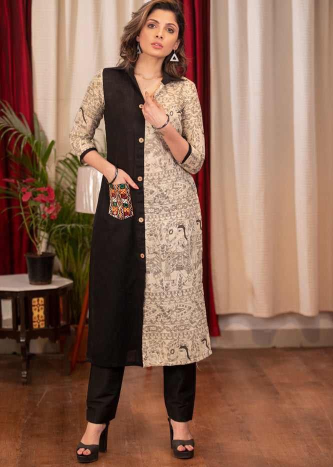 Straight Cut Smart Madhubani Printed Cotton Black Dress with Handmade Kutch Mirror Pocket