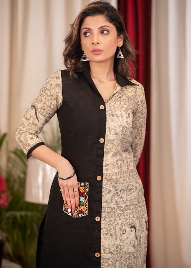 Straight Cut Smart Madhubani Printed Cotton Black Dress with Handmade Kutch Mirror Pocket