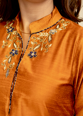 Straight Cut  Rust Cotton Silk  Kurta with Exclusive Hand Zardosi Embroidery, Rust Pant and Chanderi Dupatta - 3 piece set