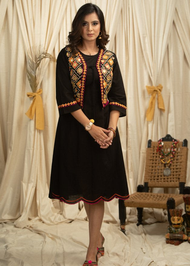 Exclusive black cotton dress with hand embroidered stitched jacket