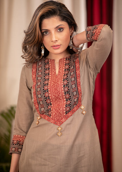 Straight Cut Cement Color Cotton Handloom Kurta with Ajrakh Yoke and Beautiful Buttons