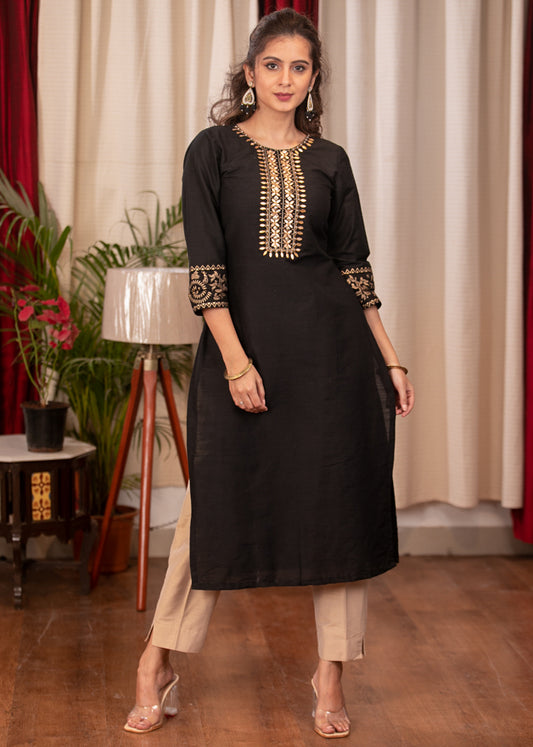 Straight Cut Black Cotton Silk Dress with Handmade Gotta Patti Work and Gold Foiled Warli Work on Sleeves