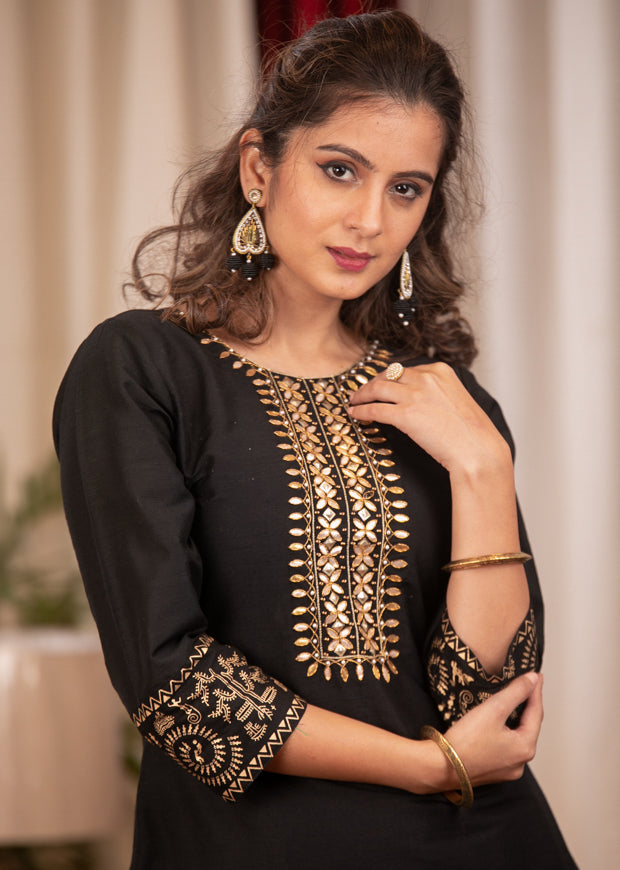Straight Cut Black Cotton Silk Dress with Handmade Gotta Patti Work an Sujatra Straight Cut Black Cotton Silk Dress with Handmade Gotta Patti Work an Sujatra