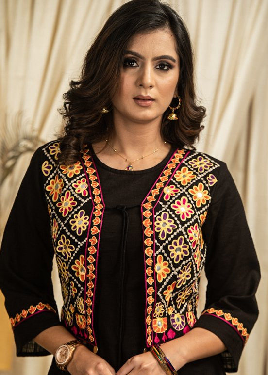 Exclusive black cotton dress with hand embroidered stitched jacket