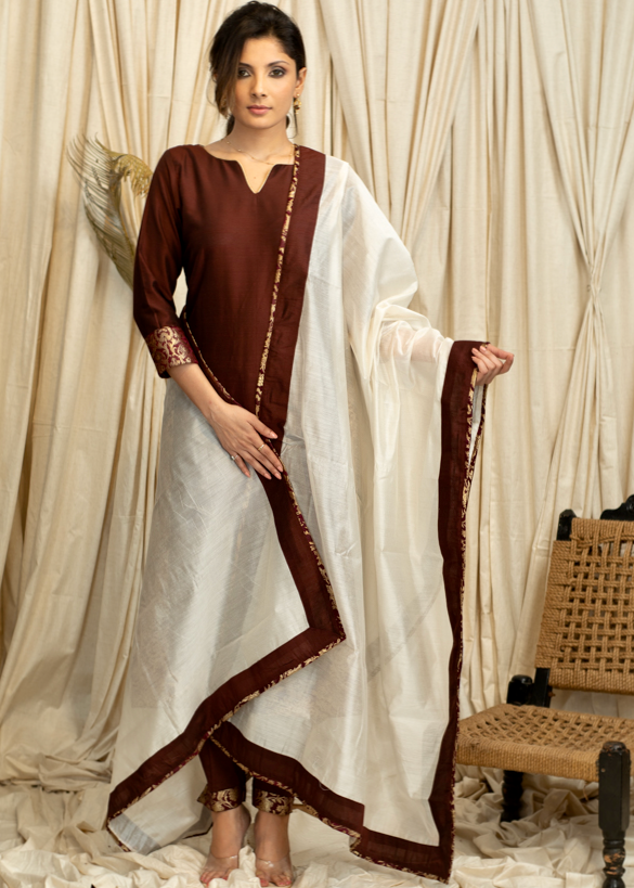 Straight Cut Coffee Brown Cotton Silk Kurta