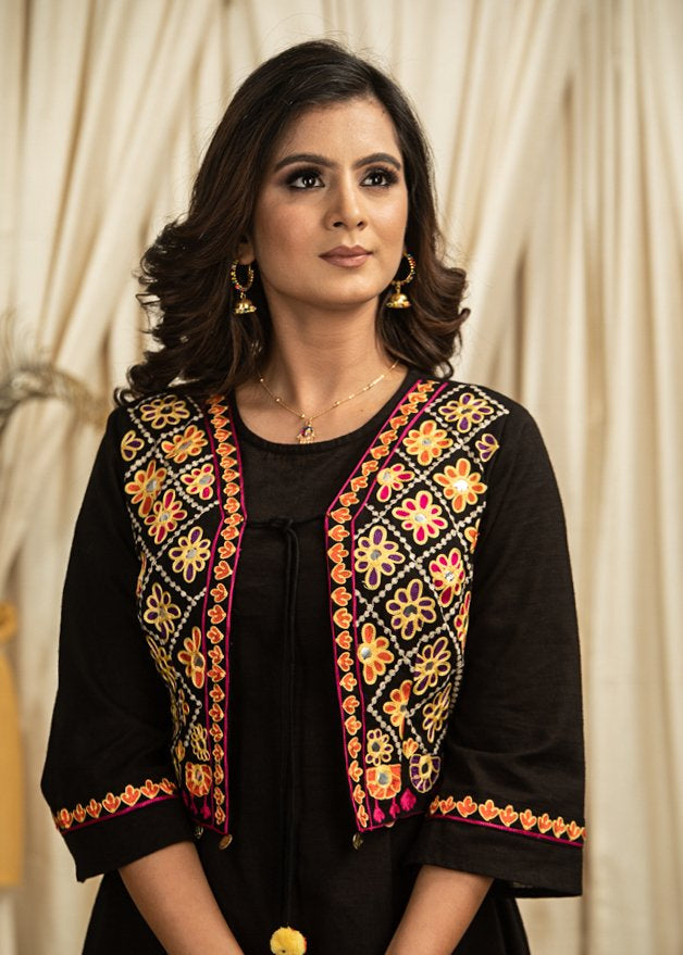 Exclusive black cotton dress with hand embroidered stitched jacket