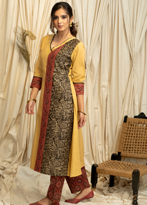 A - Line  Biscuit colour  Cotton Handloom Kurta with Gold Foil print and Ajrakh panel
