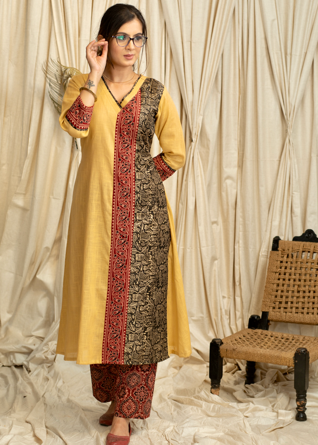 A - Line  Biscuit colour  Cotton Handloom Kurta with Gold Foil print and Ajrakh panel