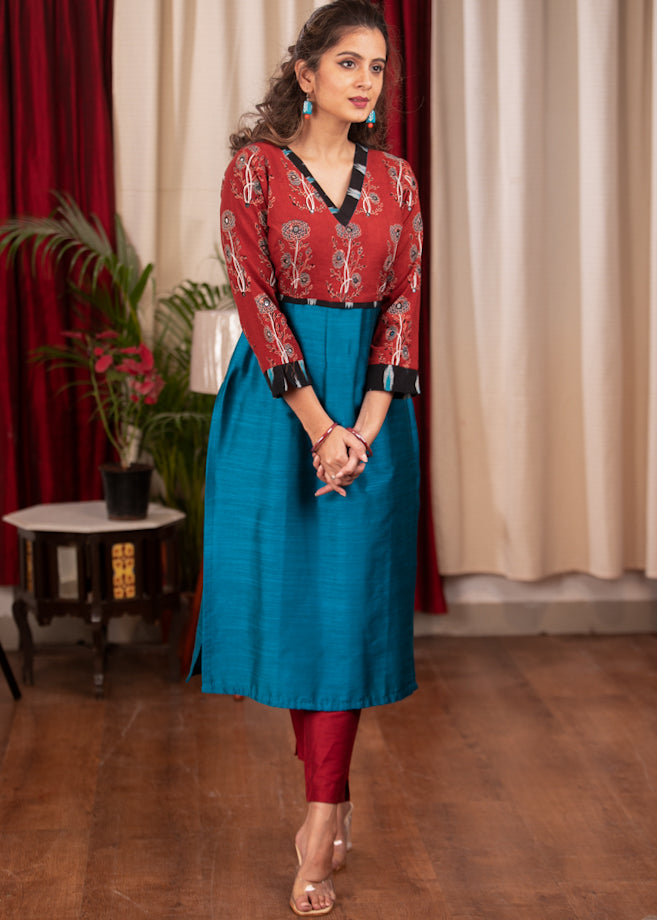 straight cut Firozi  Cotton Silk Kurta with hand embroidered mirror work Ajrakh Yoke and Sleeves - Pant Optional