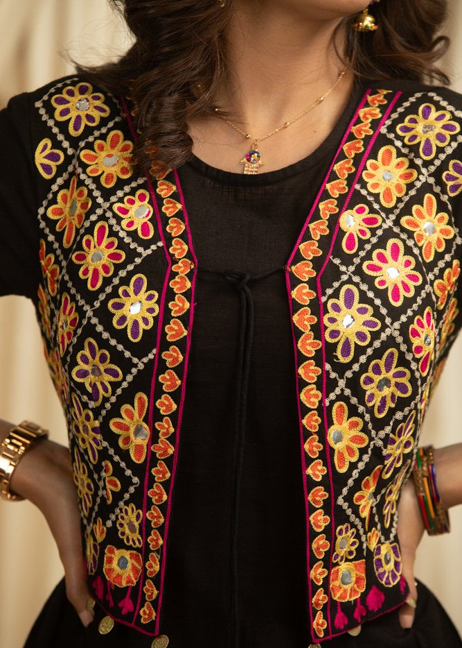 Exclusive black cotton dress with hand embroidered stitched jacket