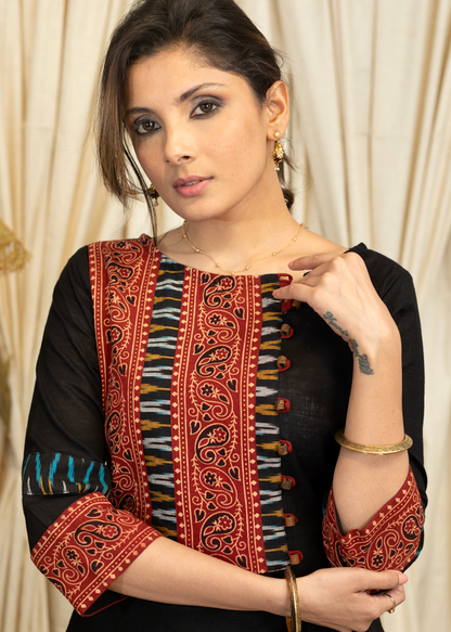 A-Line Cotton Handloom Kurta with Ajrakh and Ikat Combination Yoke