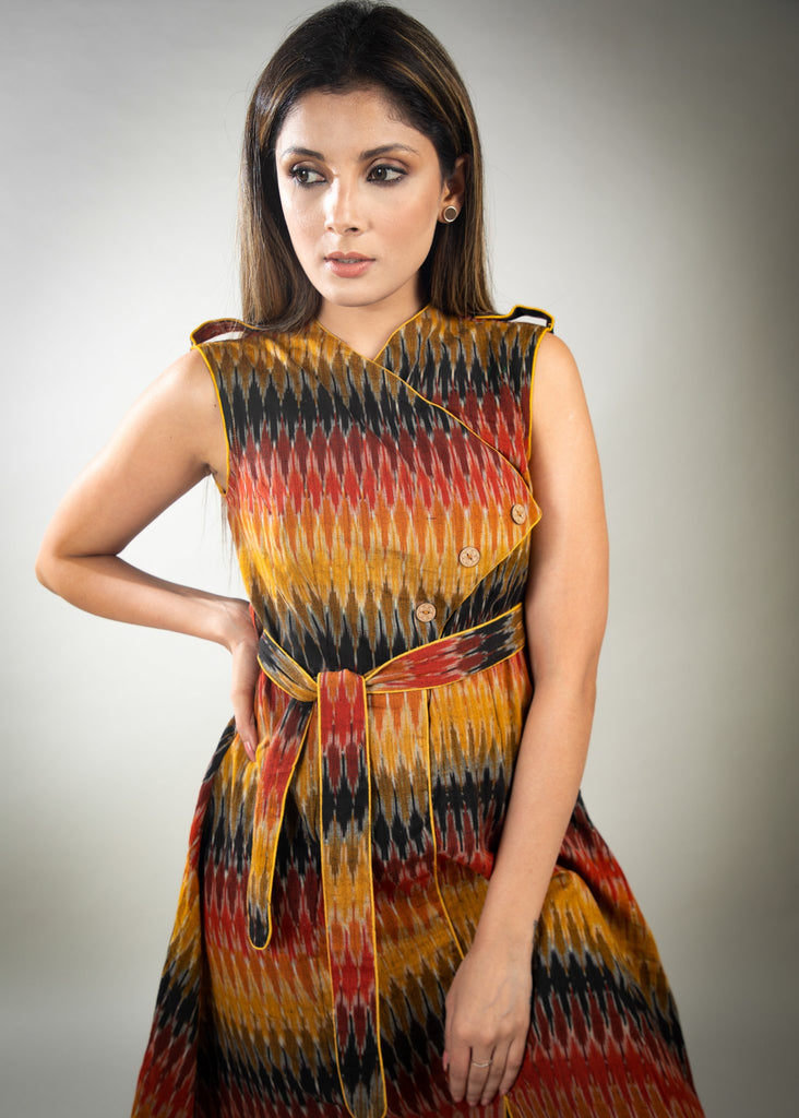 Striped mustard & black ikat dress with asymmetrical front panel cut