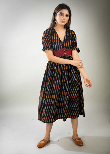 Exclusive black striped ikat dress with maroon waist Yoke