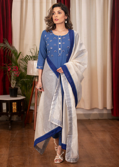 Straight Cut Self structured Blue Cotton Handloom Kurta with Graceful hand embroiderd yoke
