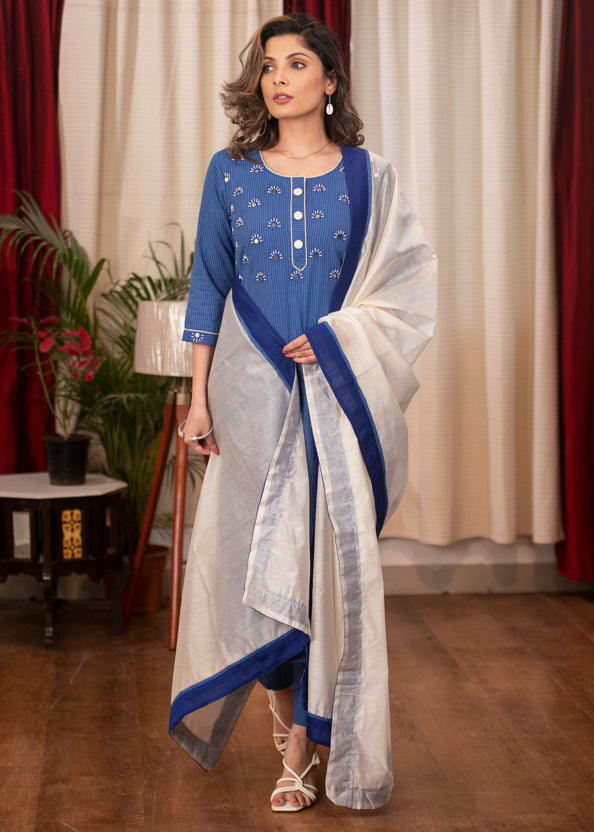 Straight Cut Self structured Blue Cotton Handloom Kurta with Graceful hand embroiderd yoke & Chanderi Dupatta - 2 Piece