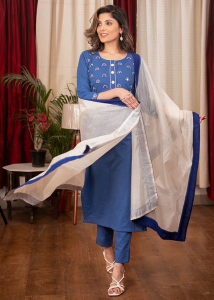 Straight Cut Self structured Blue Cotton Handloom Kurta with Graceful hand embroiderd yoke & Chanderi Dupatta - 2 Piece