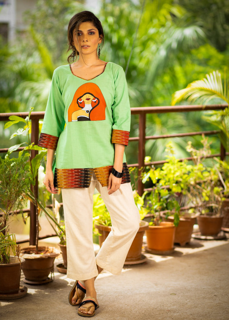 Exclusive hand painted pista colored cotton top