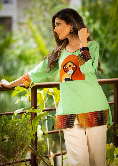 Exclusive hand painted pista colored cotton top