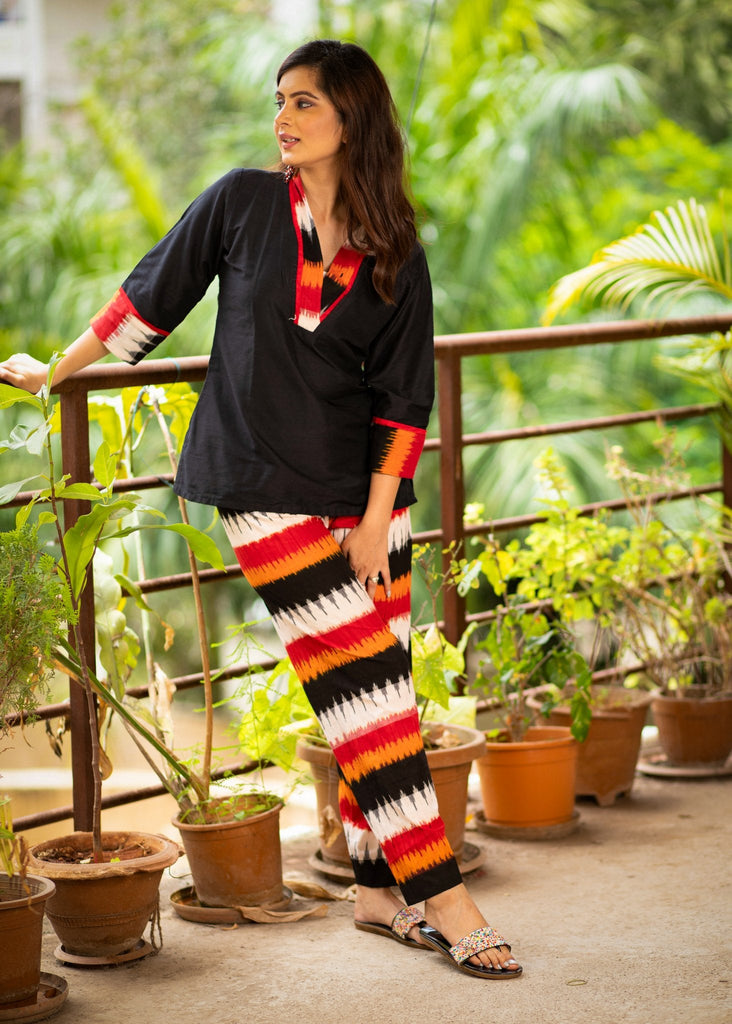 Exclusive black cotton top with a optional coordinated ikat pants look
